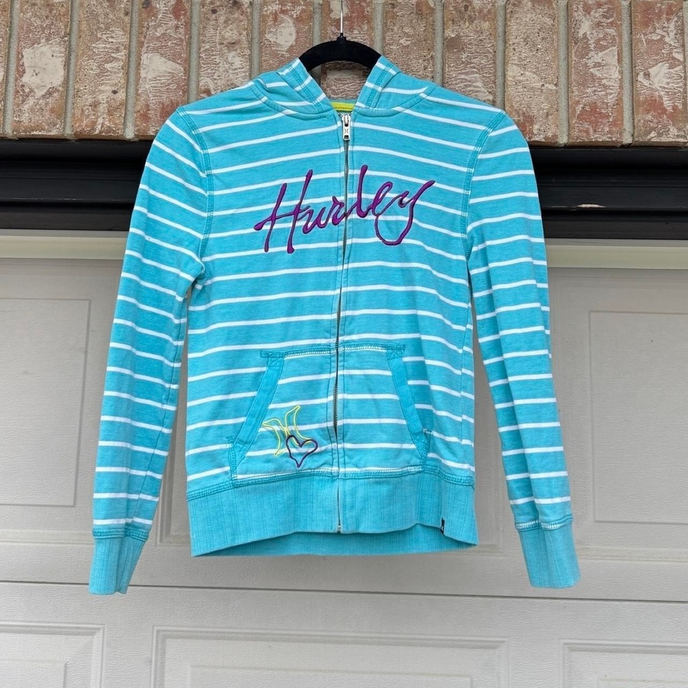 BLUE 00s STRIPED HURLEY EMBROIDERED ZIP UP HOODIE